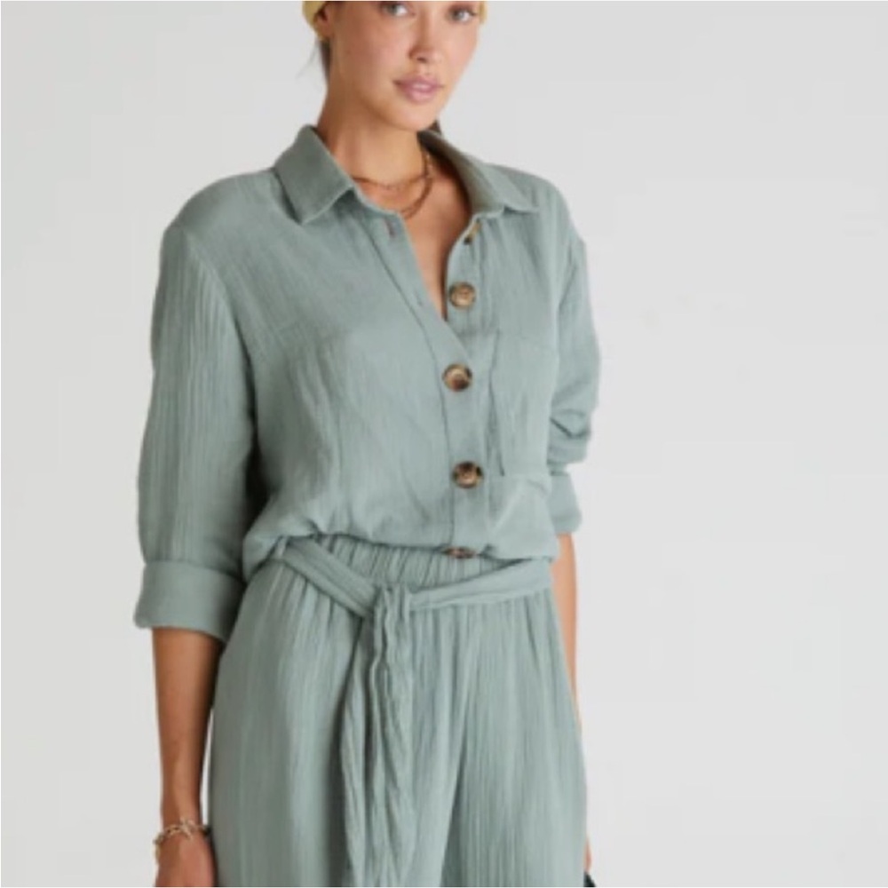 Aqua Blu Sage Button Front L/S Top